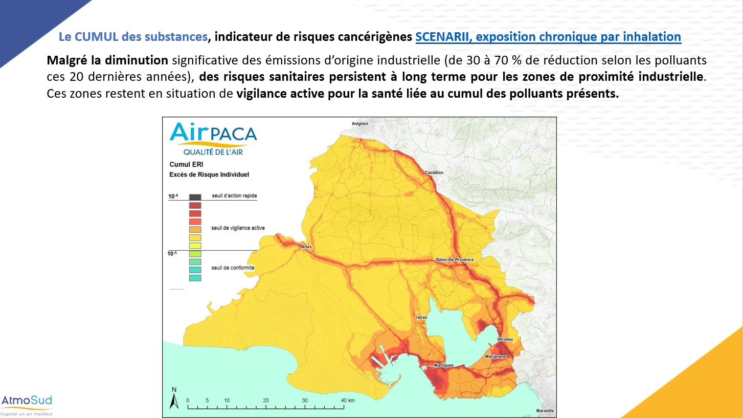 Les zones de vigilances actives pour la santé liées au cumul des polluants du territoire – cartographie issue de l’étude SCENARII 
