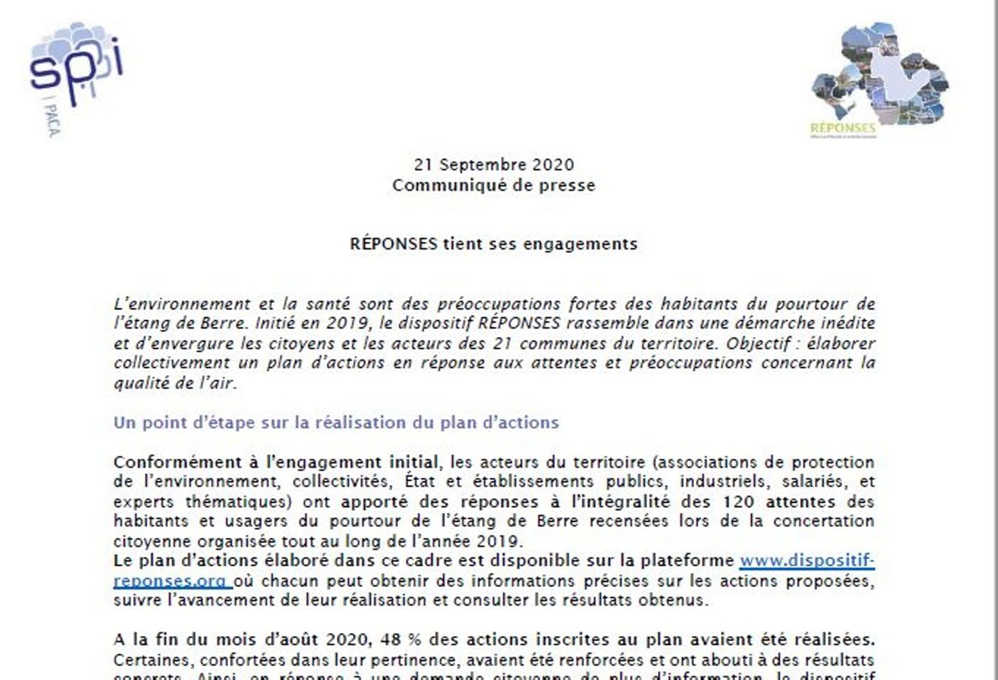 Communiqué de presse - RÉPONSES tient à ses engagements