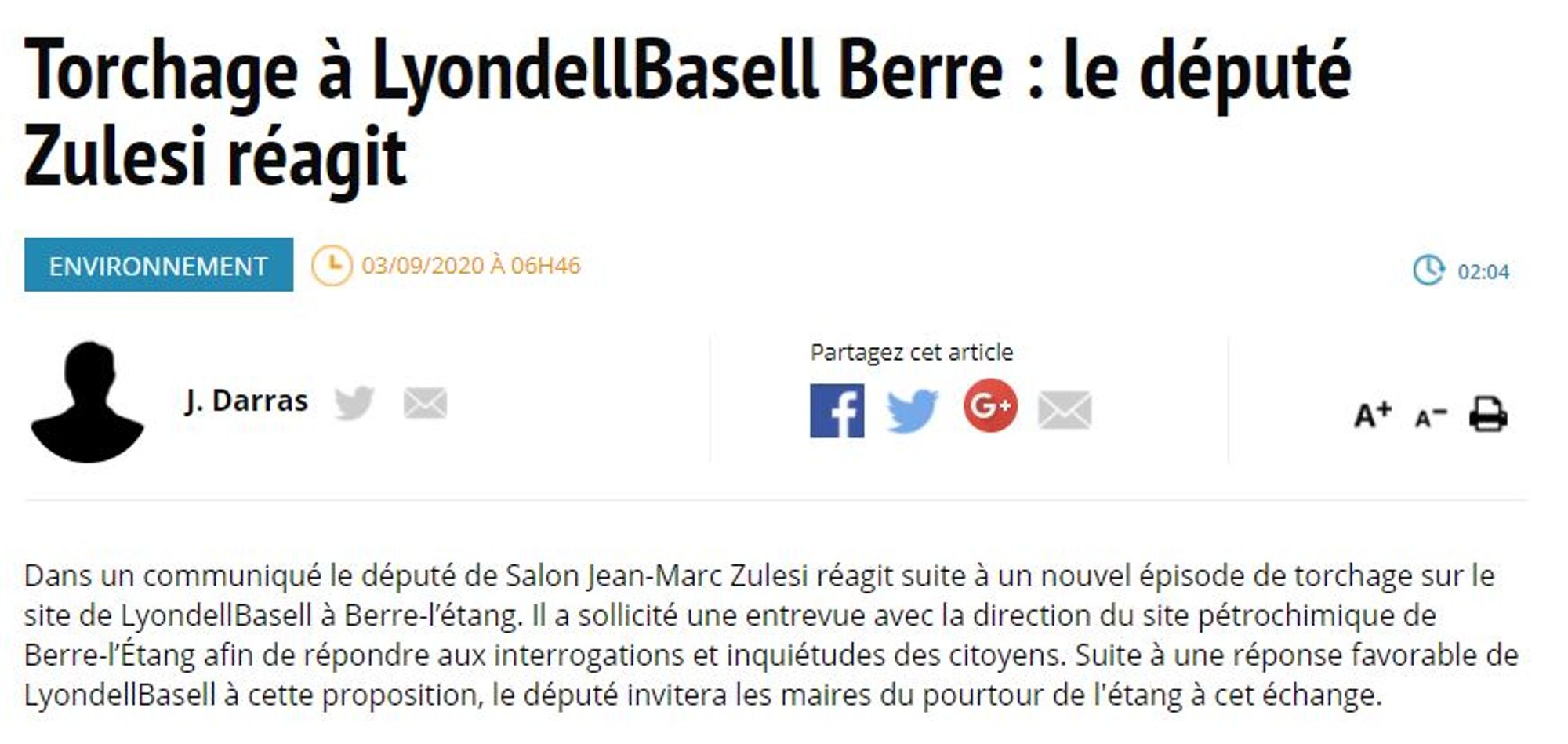 Torchage à LyondellBasell Berre : le député Zulesi réagit