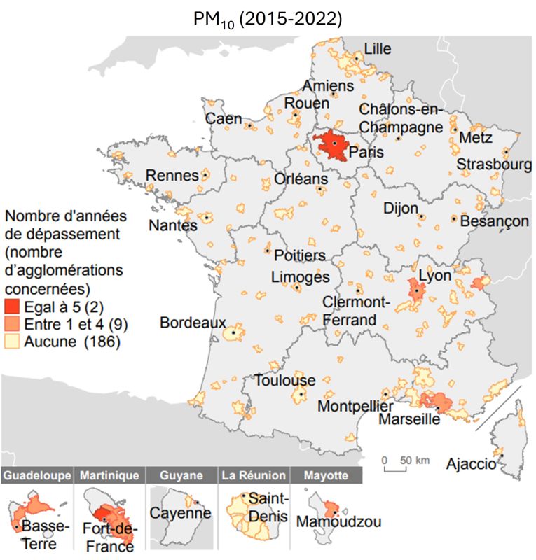 Nombre d’années de dépassement de PM10 entre 2015 et 2022